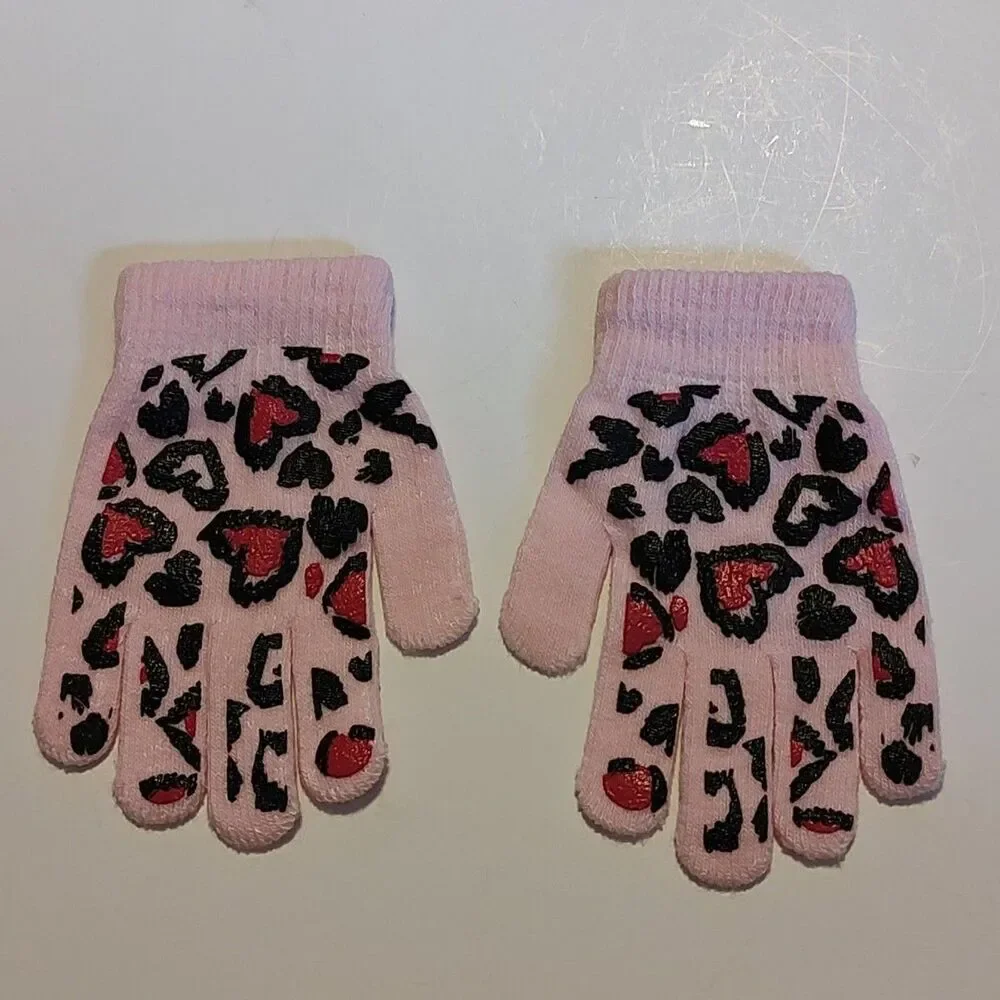 Toddler Kid Girls Pink Leopard Heart Print Knit Gloves Winter Warm Soft Stretch